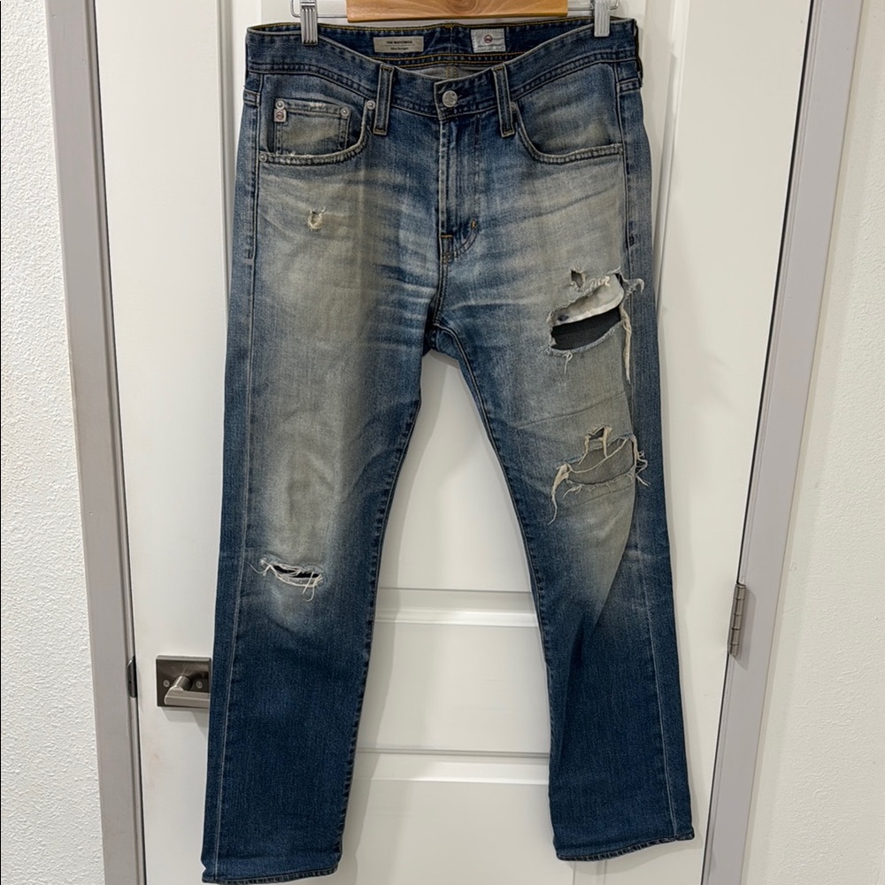 Ag Adriano Goldschmied Blue Slim Straight Jeans with Gradient Distressing